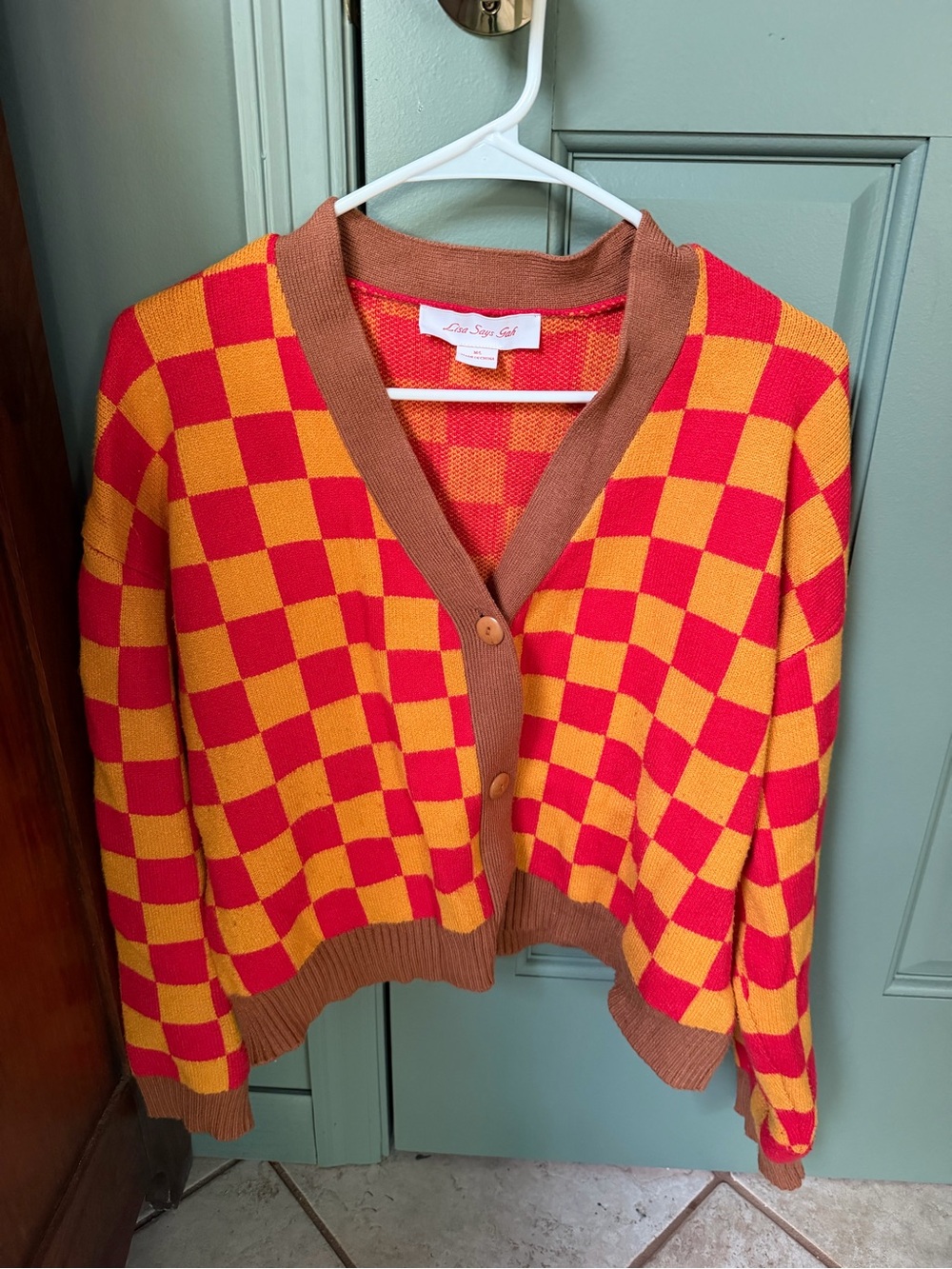 Lisa Says Gah Checkerboard Crop Cardigan Sweater - Red & Yellow -